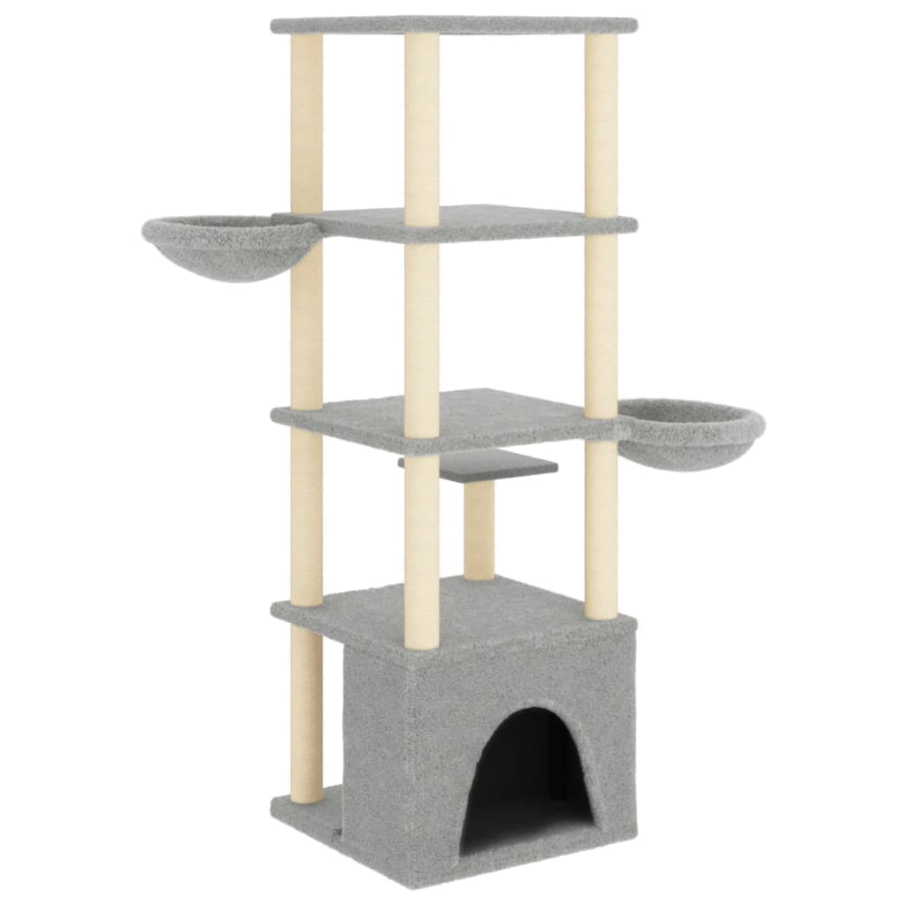 Cat house with sisal rope scratching posts, light grey, 147 cm