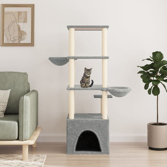 Cat house with sisal rope scratching posts, light grey, 147 cm