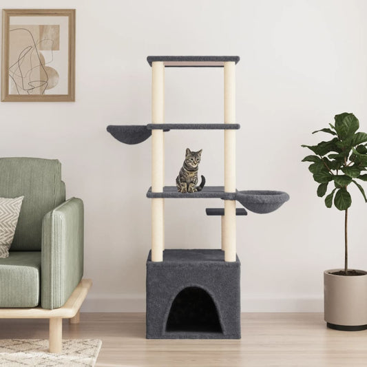 Cat house with sisal rope scratching posts, dark grey, 147 cm