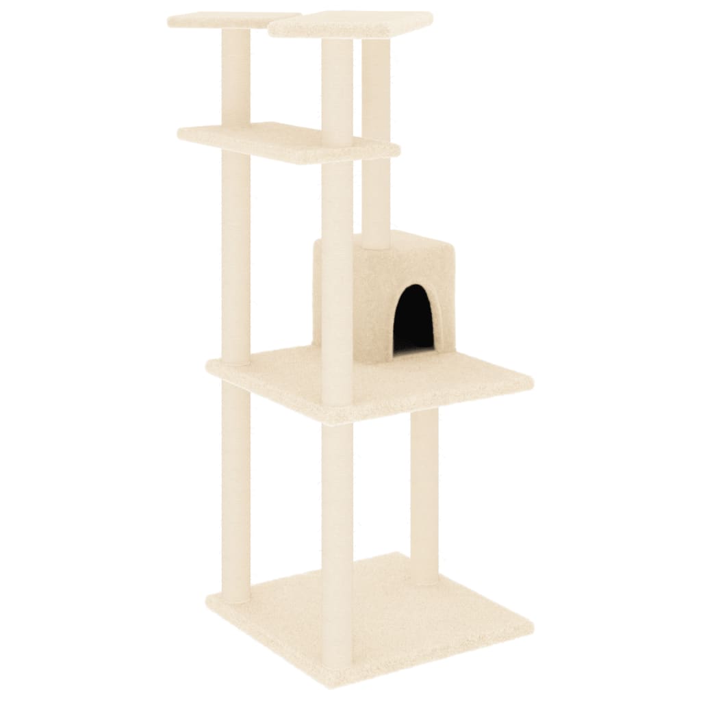 Cat house with sisal rope scratching posts, cream, 123 cm