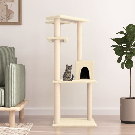 Cat house with sisal rope scratching posts, cream, 123 cm