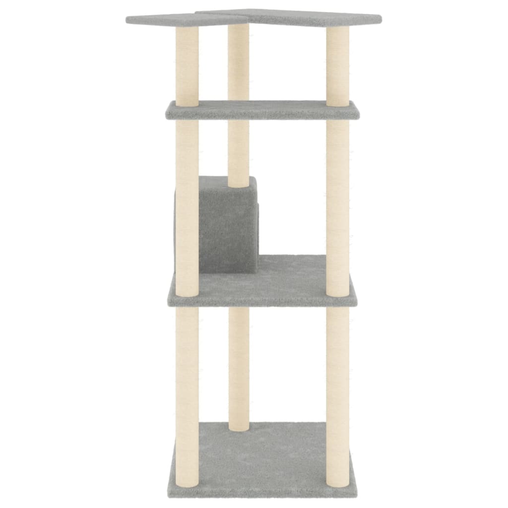 Cat house with sisal rope scratching posts, light grey, 123 cm