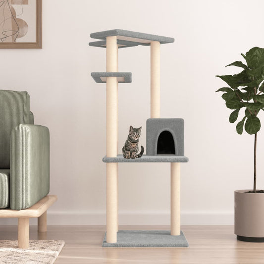 Cat house with sisal rope scratching posts, light grey, 123 cm