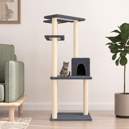 Cat house with sisal rope scratching posts, dark grey, 123 cm