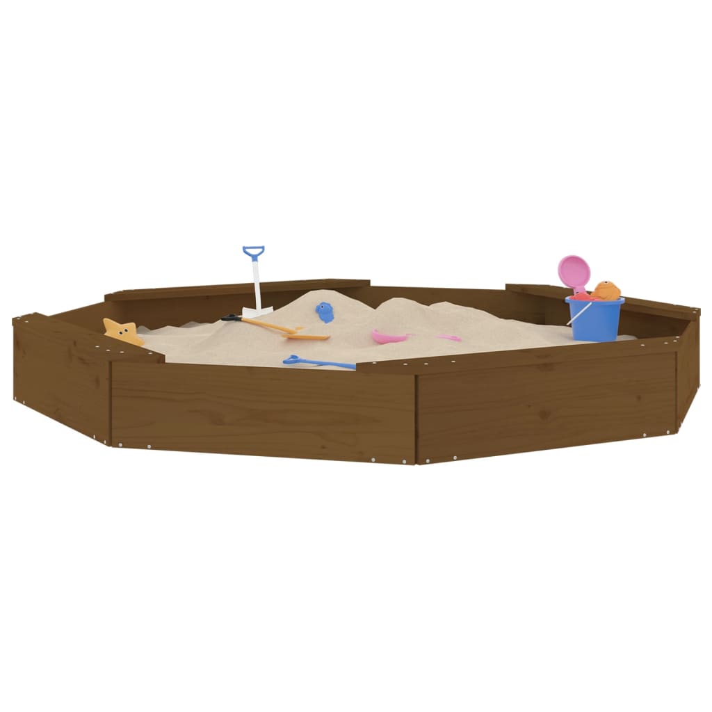 sandbox with seats, honey brown, octagonal, pine wood