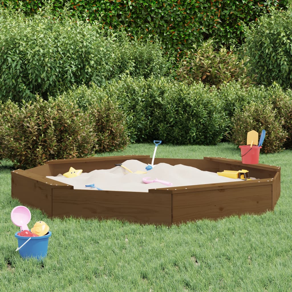 sandbox with seats, honey brown, octagonal, pine wood