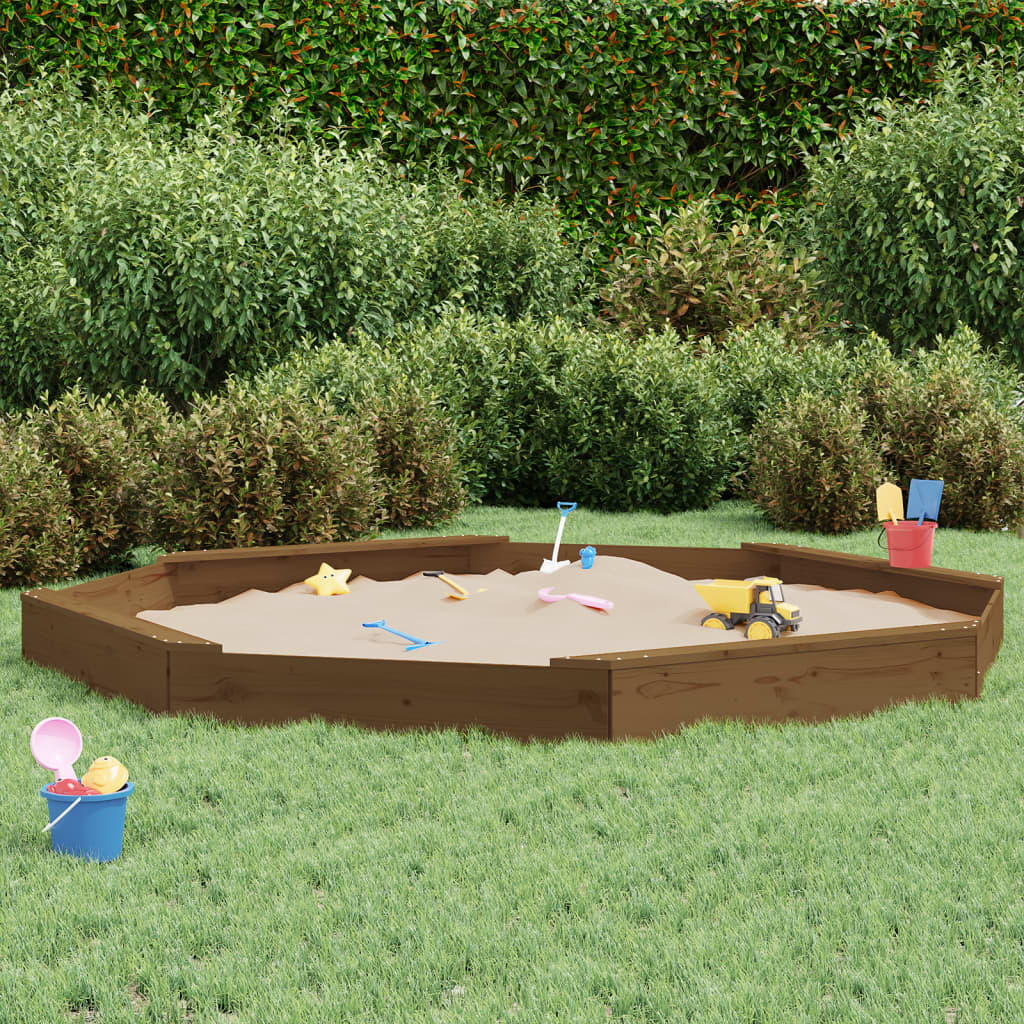 sandbox with seats, honey brown, octagonal, pine wood