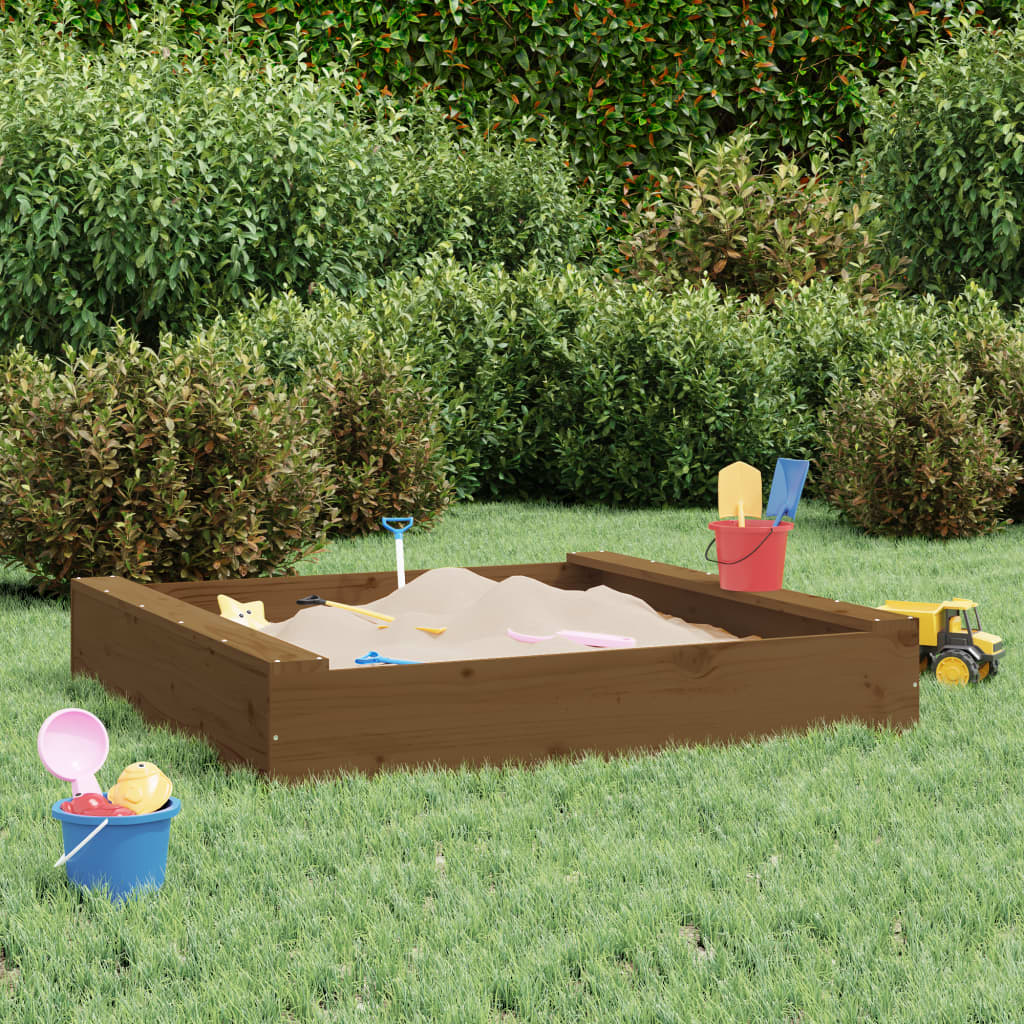 sandbox with seats, honey brown, square, pine wood