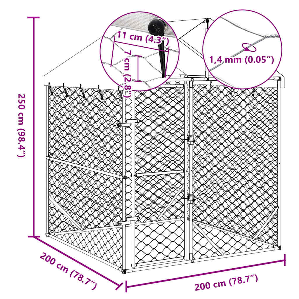 Dog crate with roof, silver, 2x2x2.5 m, galvanized steel