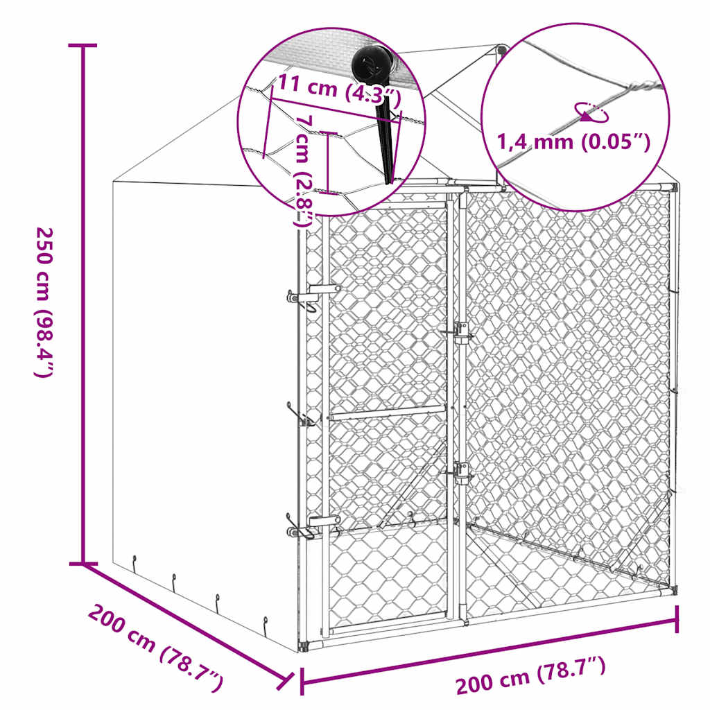 Клетка для собак с крышей, серебристая, 2x2x2,5 м, оцинкованная сталь