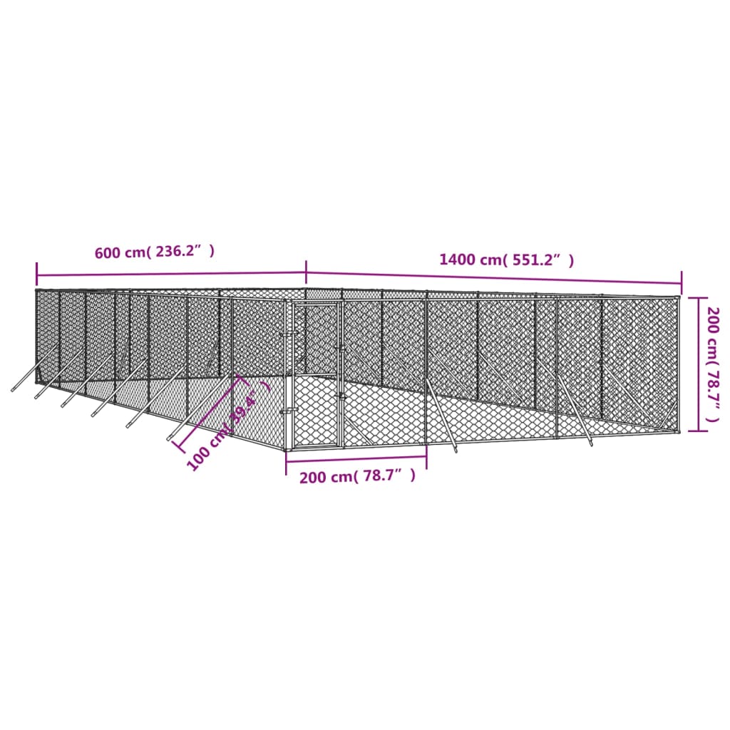 outdoor dog kennel, silver, 6x14x2 m, galvanized steel