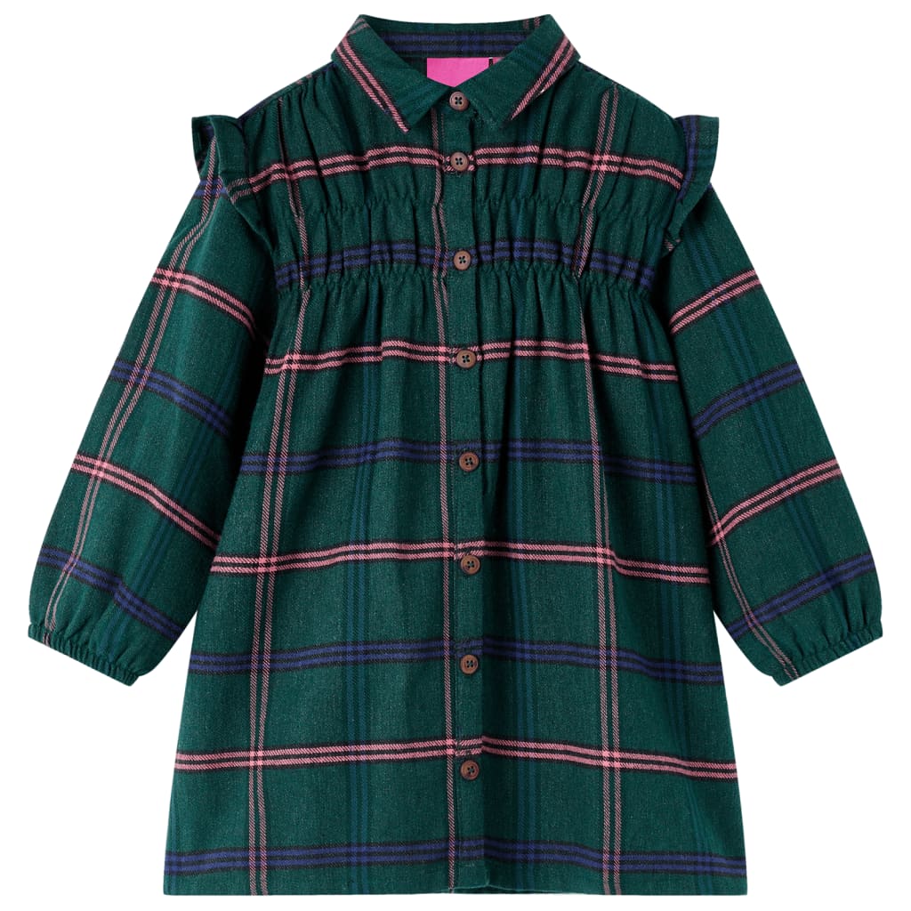 Children's dress with long sleeves and ruffles, dark green, 92