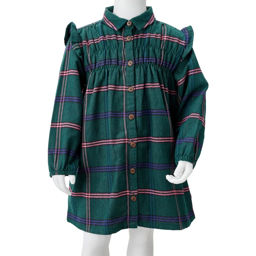 Children's dress with long sleeves and ruffles, dark green, 116