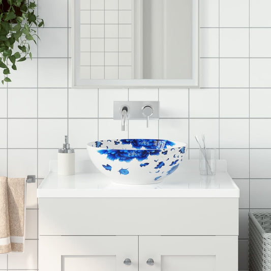 countertop sink, white and blue, round, Φ41x14, ceramic