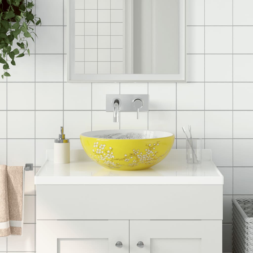 countertop sink, white and yellow, round, Φ41x14, ceramic