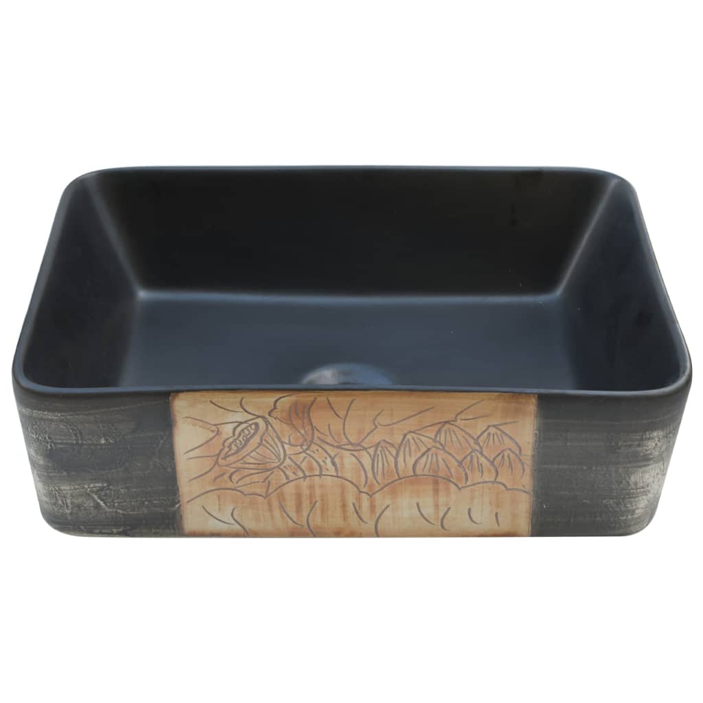 countertop sink, black and brown, rectangular, ceramic