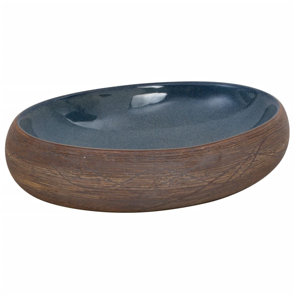 countertop sink, brown and blue, oval, ceramic