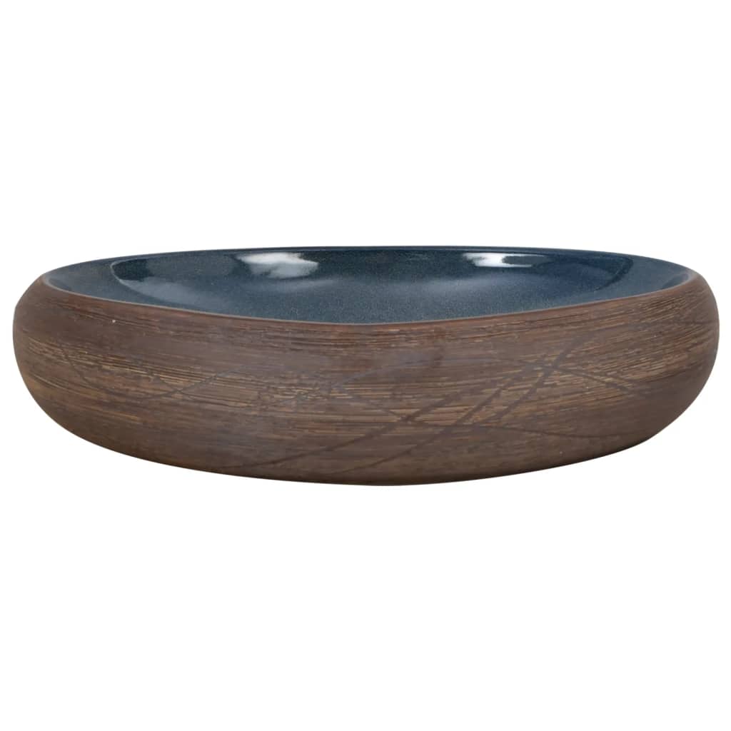 countertop sink, brown and blue, oval, ceramic