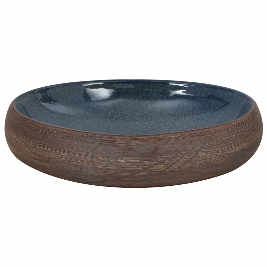 countertop sink, brown and blue, oval, ceramic