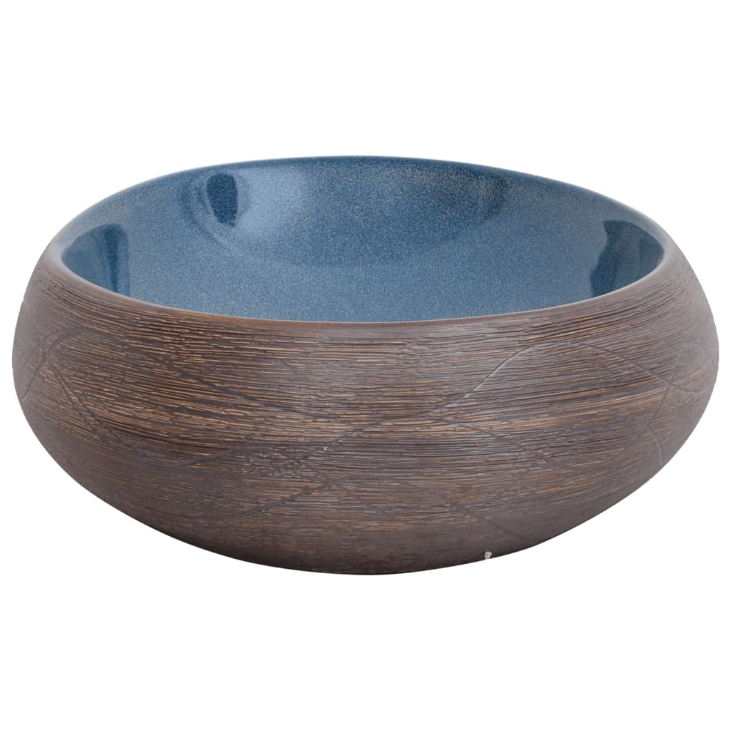 countertop sink, brown and blue, oval, ceramic