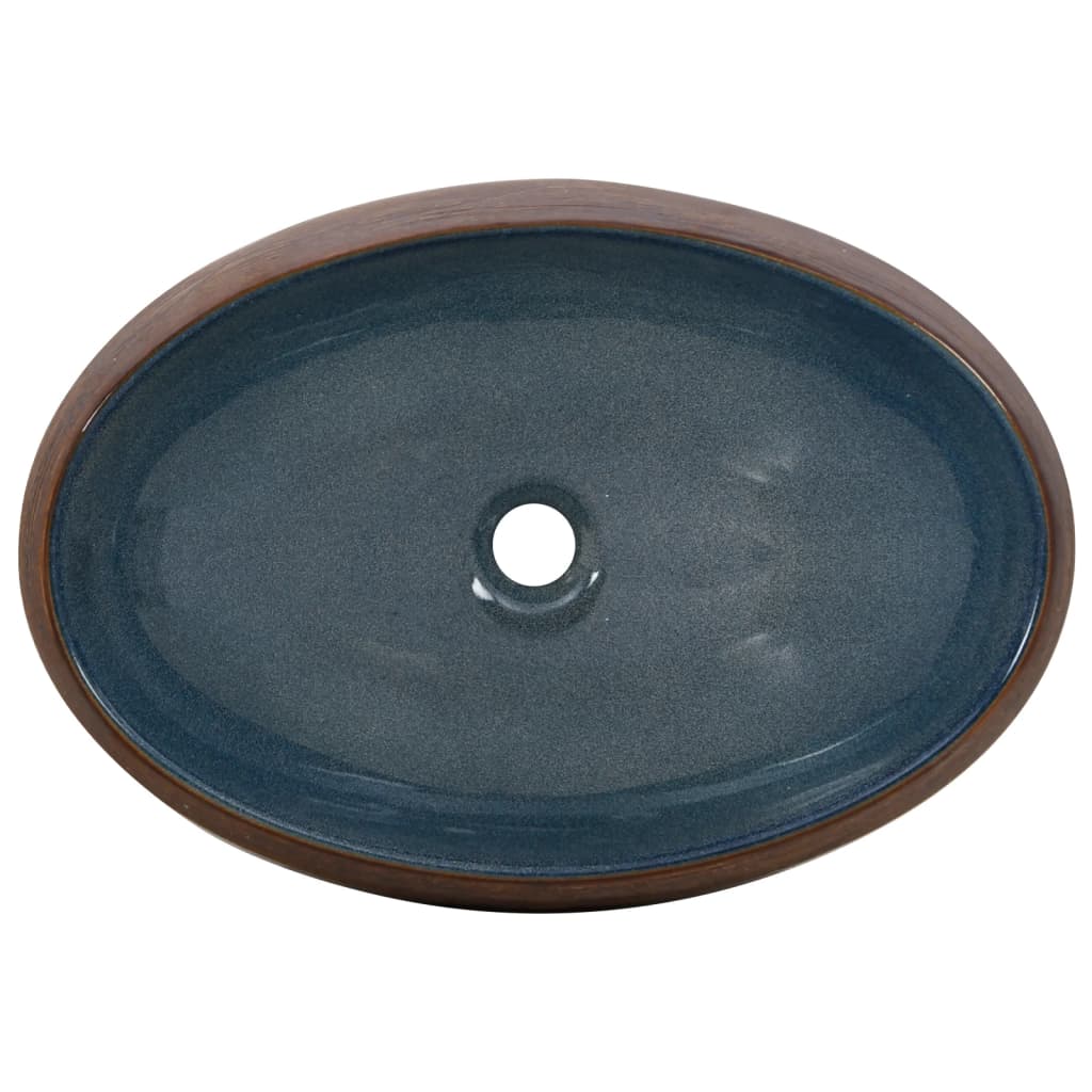 countertop sink, brown and blue, oval, ceramic