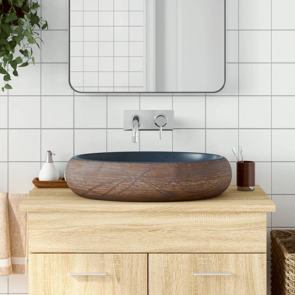 countertop sink, brown and blue, oval, ceramic