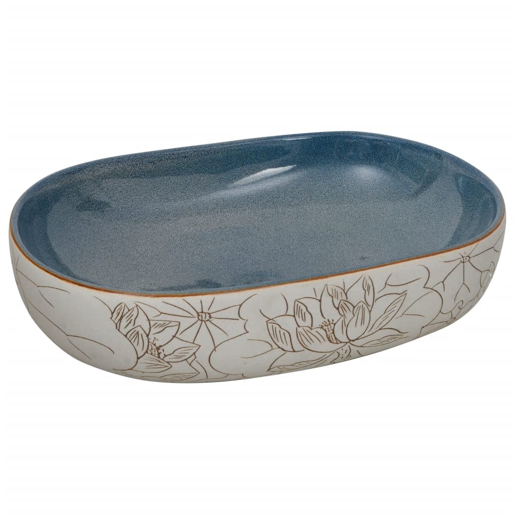 countertop sink, sand-colored and blue, oval, ceramic