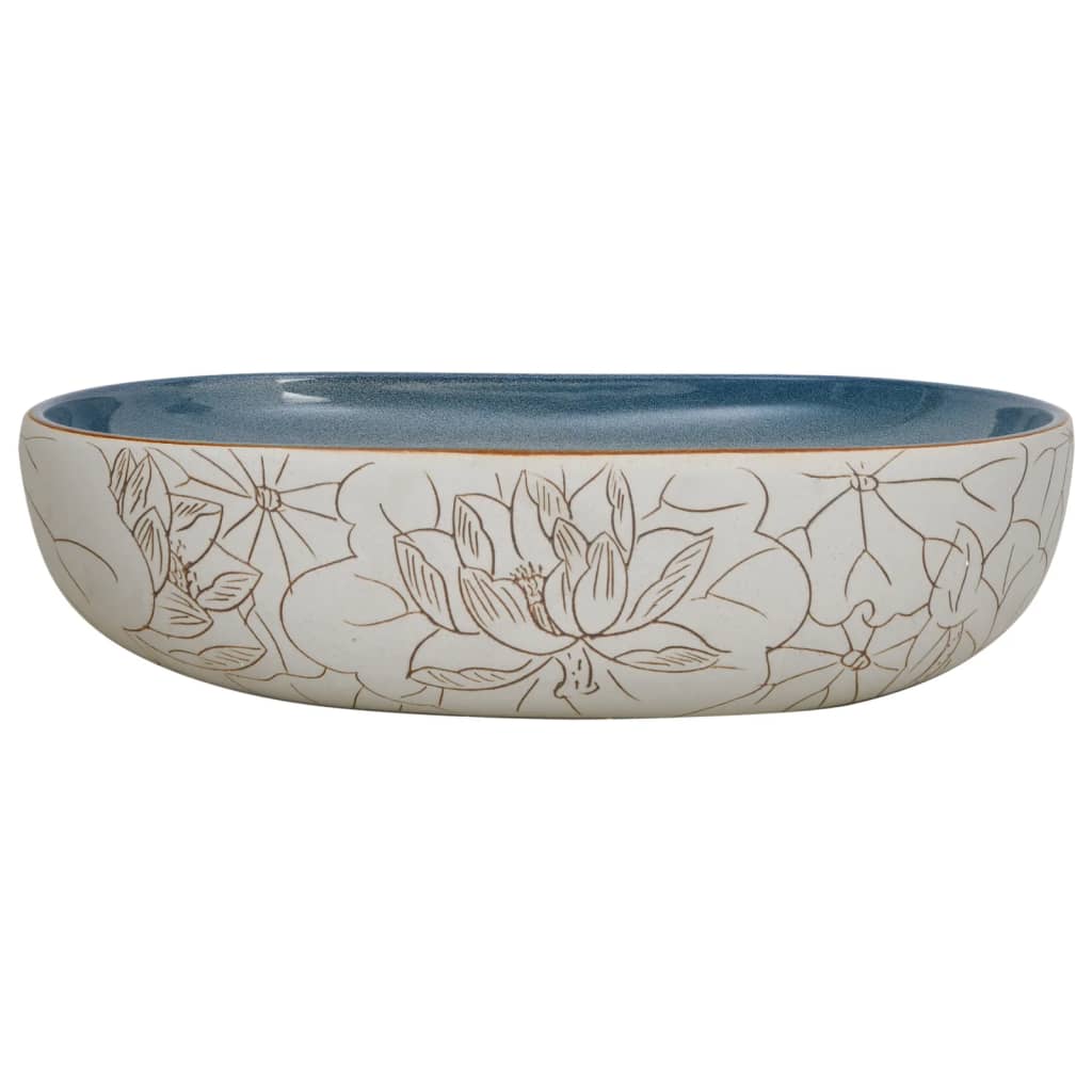 countertop sink, sand-colored and blue, oval, ceramic