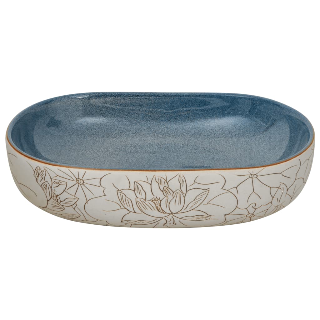 countertop sink, sand-colored and blue, oval, ceramic