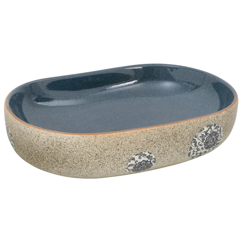 countertop sink, sand-colored and blue, oval, ceramic