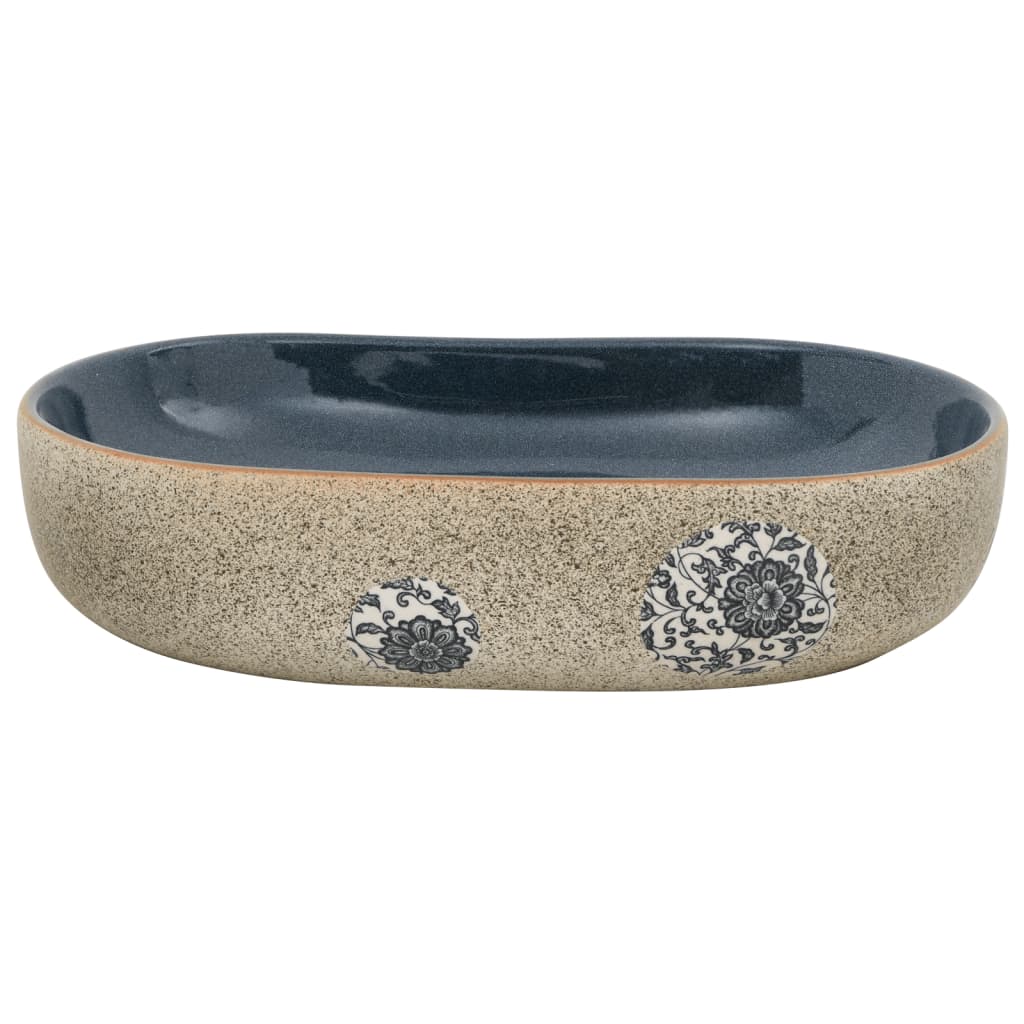 countertop sink, sand-colored and blue, oval, ceramic