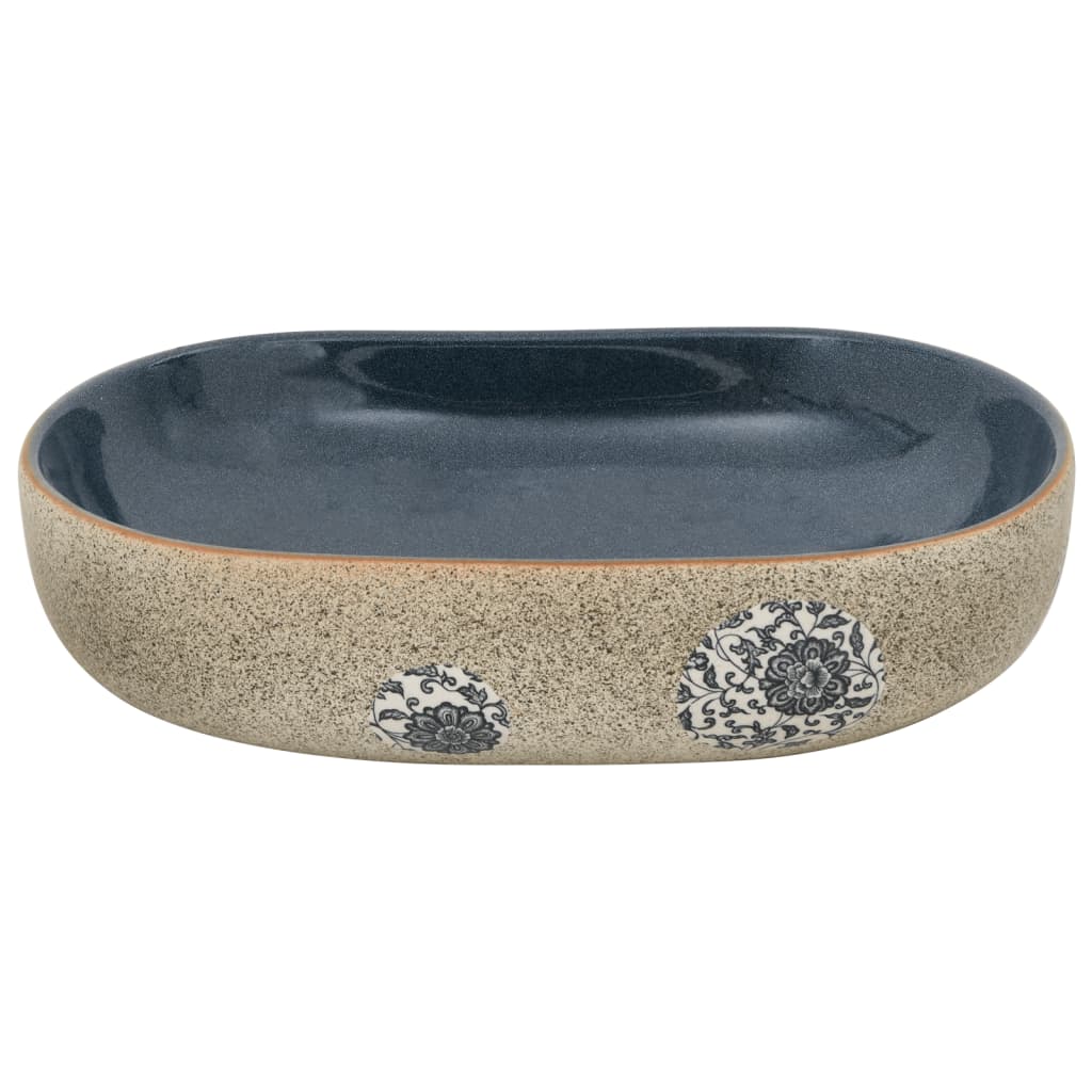 countertop sink, sand-colored and blue, oval, ceramic