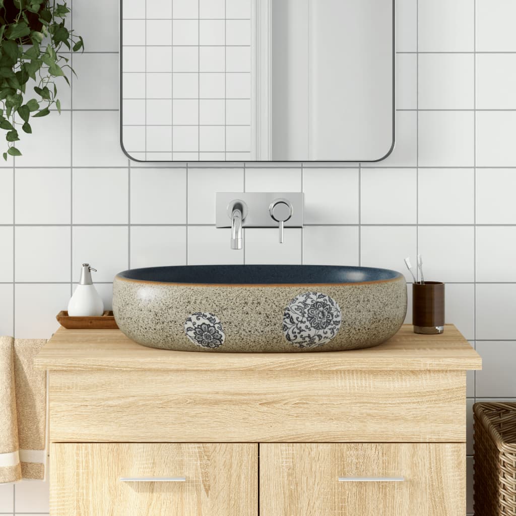 countertop sink, sand-colored and blue, oval, ceramic