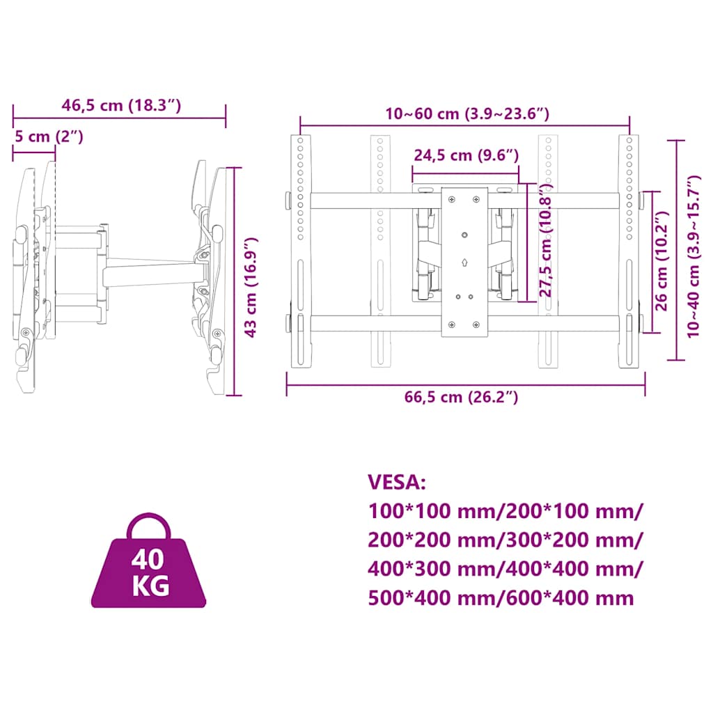 Настенное крепление для телевизора, 26-80 дюймов, макс. VESA 600x400 мм, 40 кг