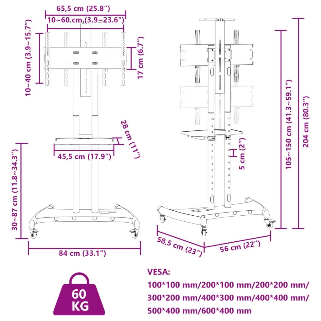 TV stand on wheels, 32-70 inches, max VESA 600x400 mm 60 kg