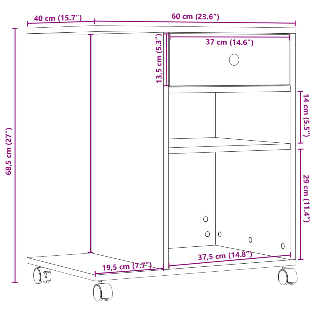 printer stand with wheels, white, 60x40x68.5 cm