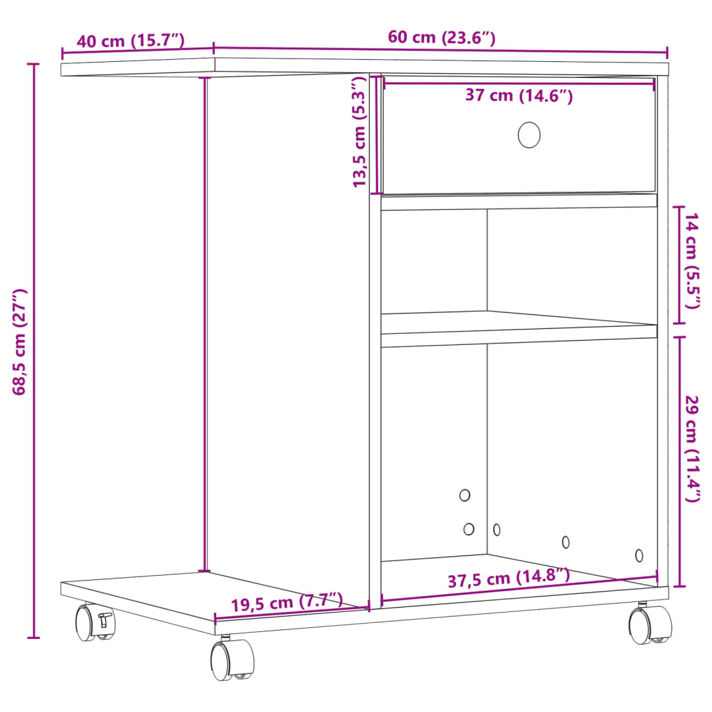 printer stand with wheels, smoked oak, 60x40x68.5 cm