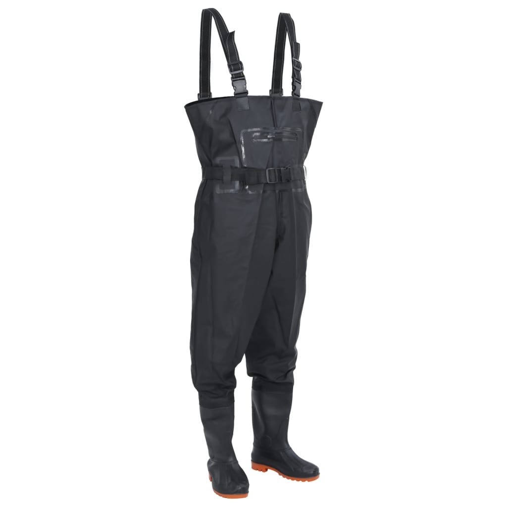 chest waders with boots and belt, black, size 39