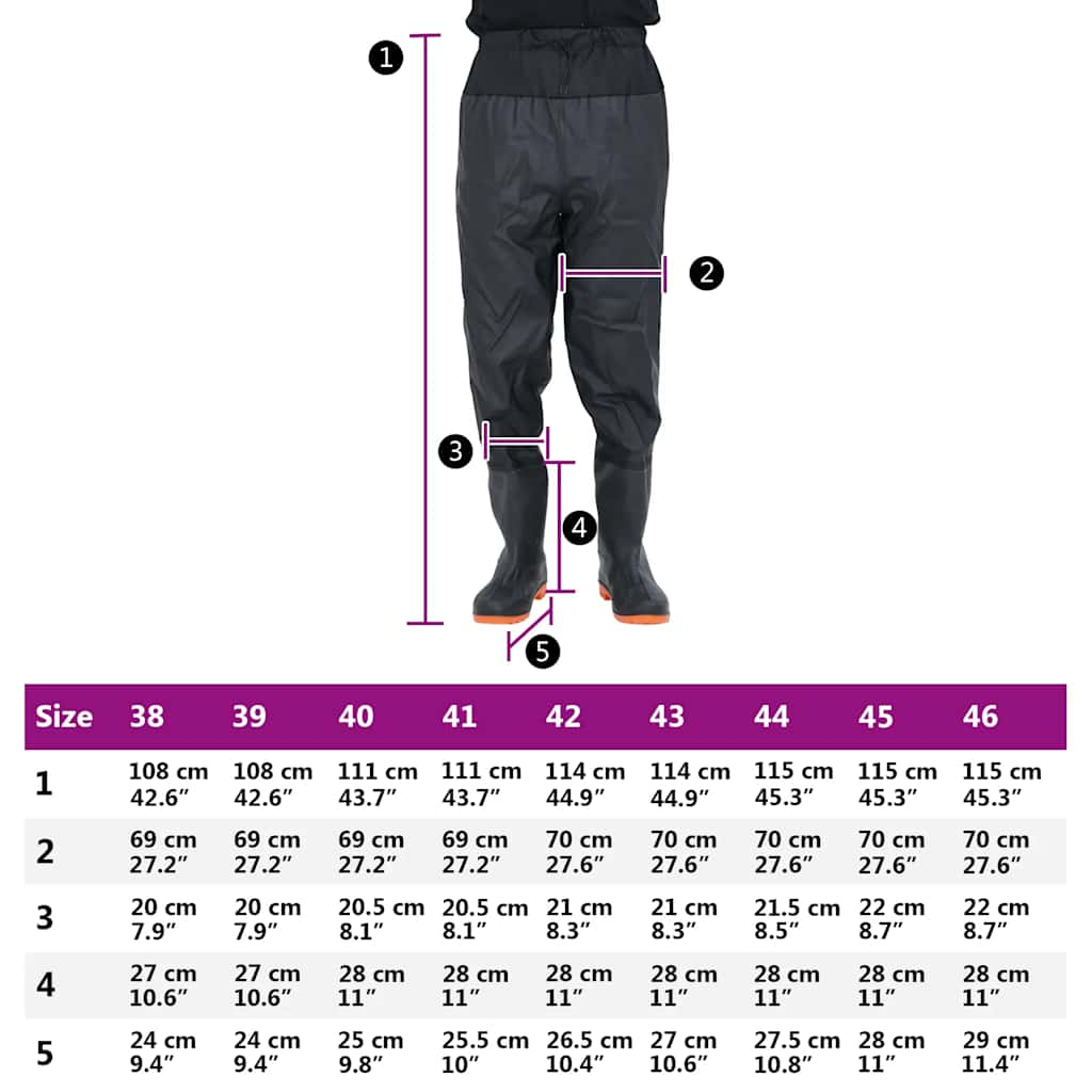 waist waders with boots, black, size 39