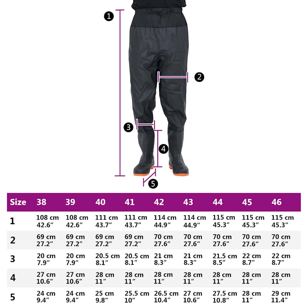 waist waders with boots, black, size 43