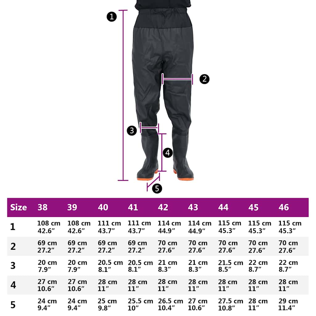 waist waders with boots, black, size 45