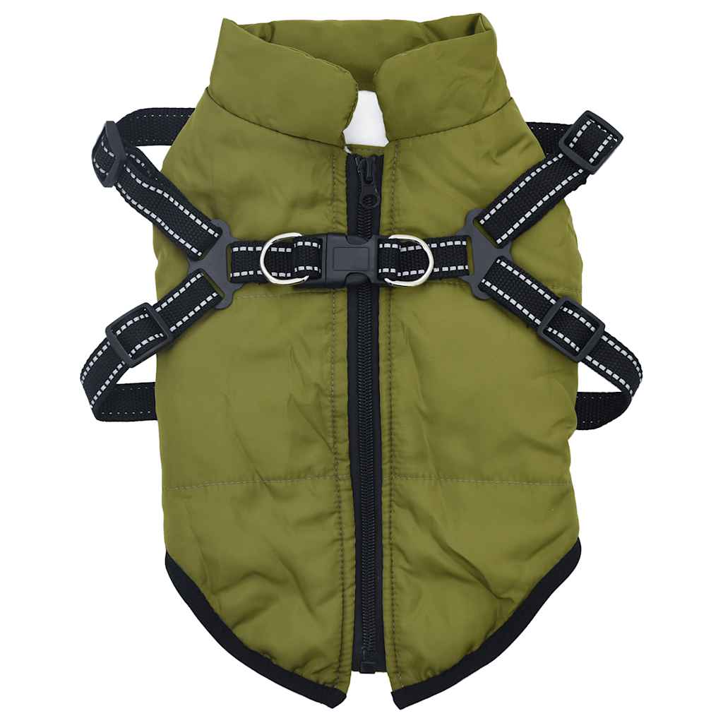 dog coat with harness waterproof reflective, military green, S