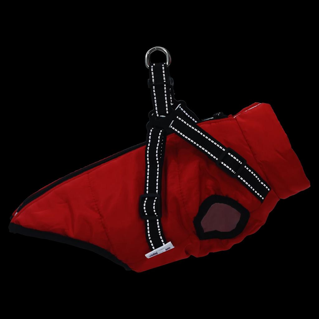 dog coat with harness waterproof reflective, red, L